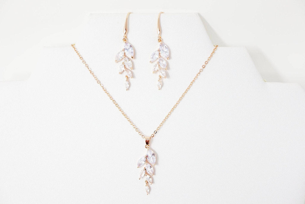 Cubic Zirconia Diamond/ Crystal Leaves, Long Bridal Jewelry, Bridal Earrings And Necklace, Crystal Bridal Earrings, Statement Earrings Cz