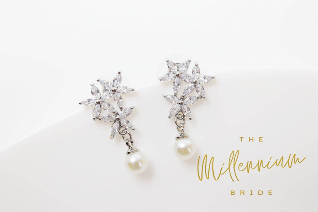 Cubic Zirconia Diamond Floral Pearl drop stud Earrings, Bridal Jewelry, Bridal Stud Earrings, Crystal Bridal Earrings, Statement Earrings Cz