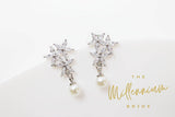 Cubic Zirconia Diamond Floral Pearl drop stud Earrings, Bridal Jewelry, Bridal Stud Earrings, Crystal Bridal Earrings, Statement Earrings Cz
