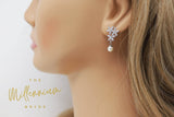 Cubic Zirconia Diamond Floral Pearl drop stud Earrings, Bridal Jewelry, Bridal Stud Earrings, Crystal Bridal Earrings, Statement Earrings Cz