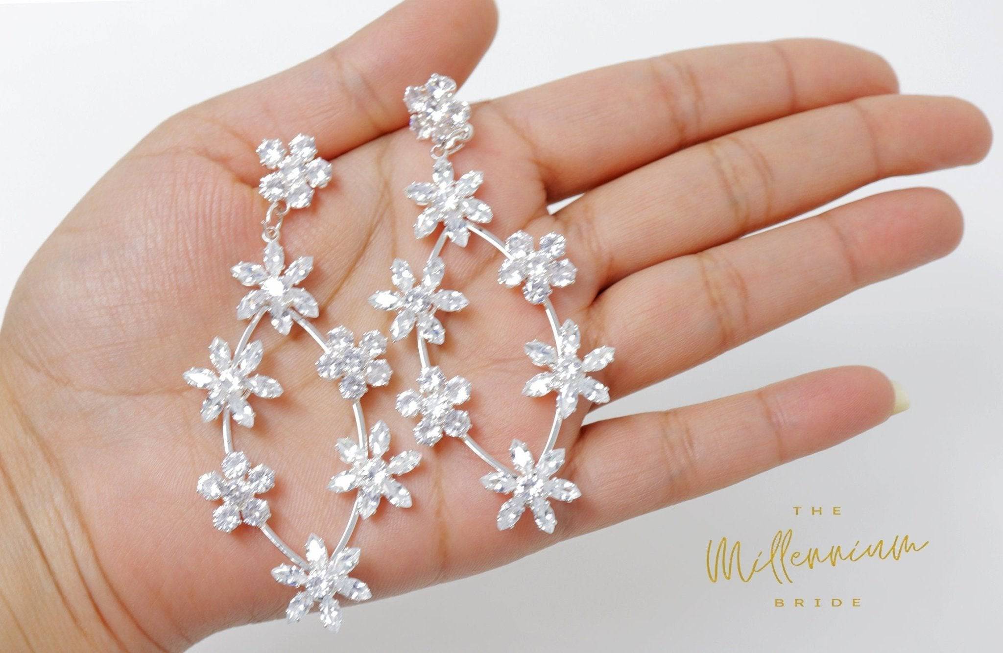 Cubic Zirconia Floral Vine Diamond Earrings, Long Bridal Earrings, Crystal Bridal Earrings, Statement Earrings, Gold Bride Earring.
