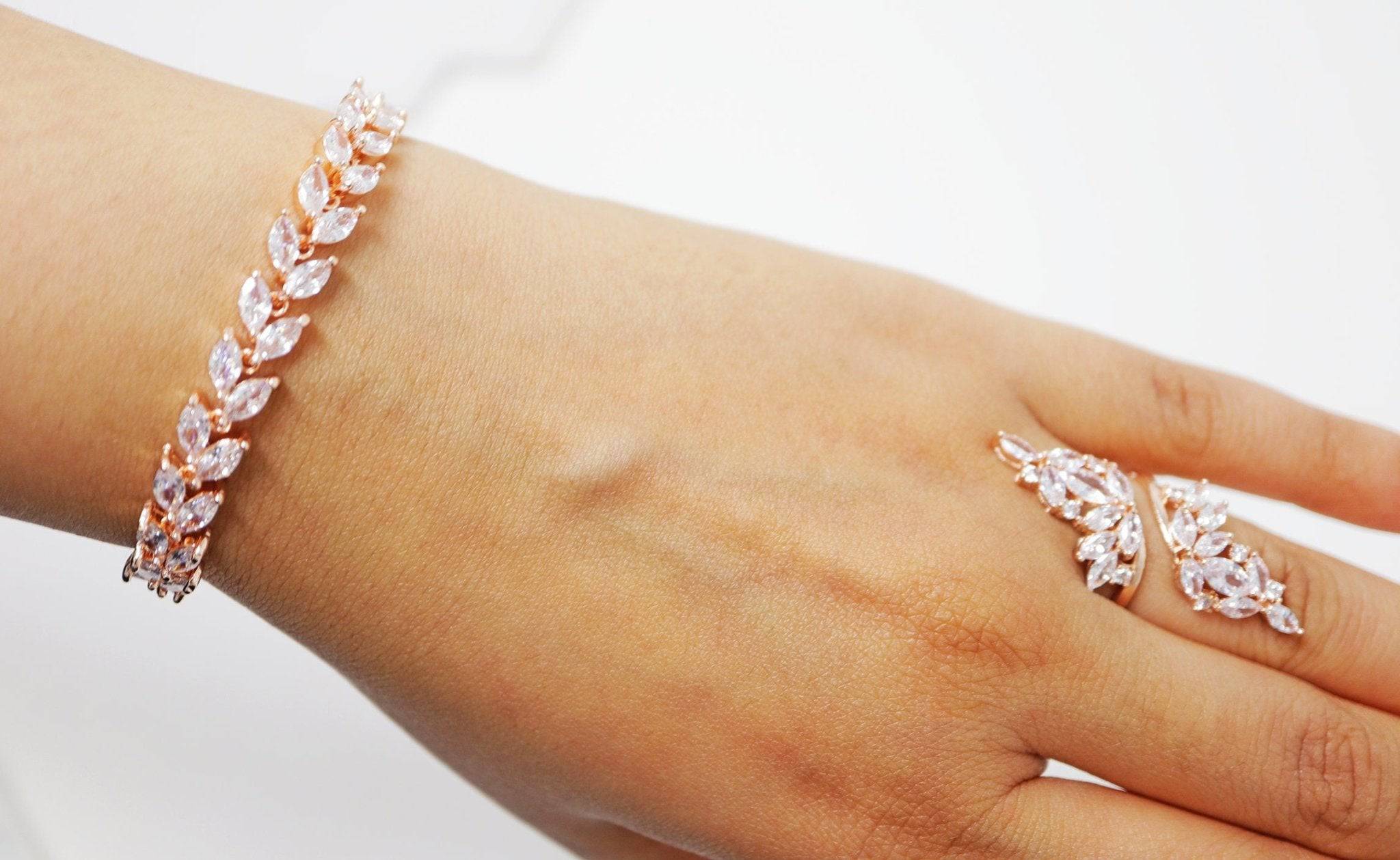 Cubic Zirconia Leaves Crystal, Diamond Bracelet, Bridal Jewelry Bridal –  TheMillenniumBride