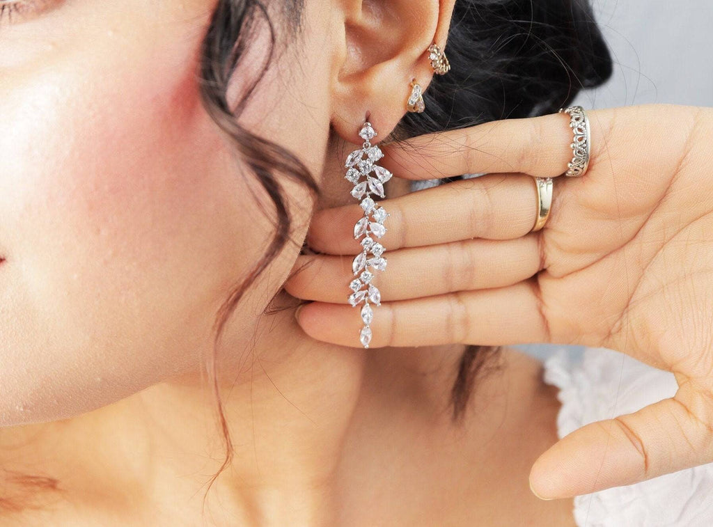 Cubic Zirconia Leaves Crystal/Diamond Earrings, Long Bridal Jewelry, Bridal Earrings, Crystal Bridal Earrings, Statement Earrings Cz