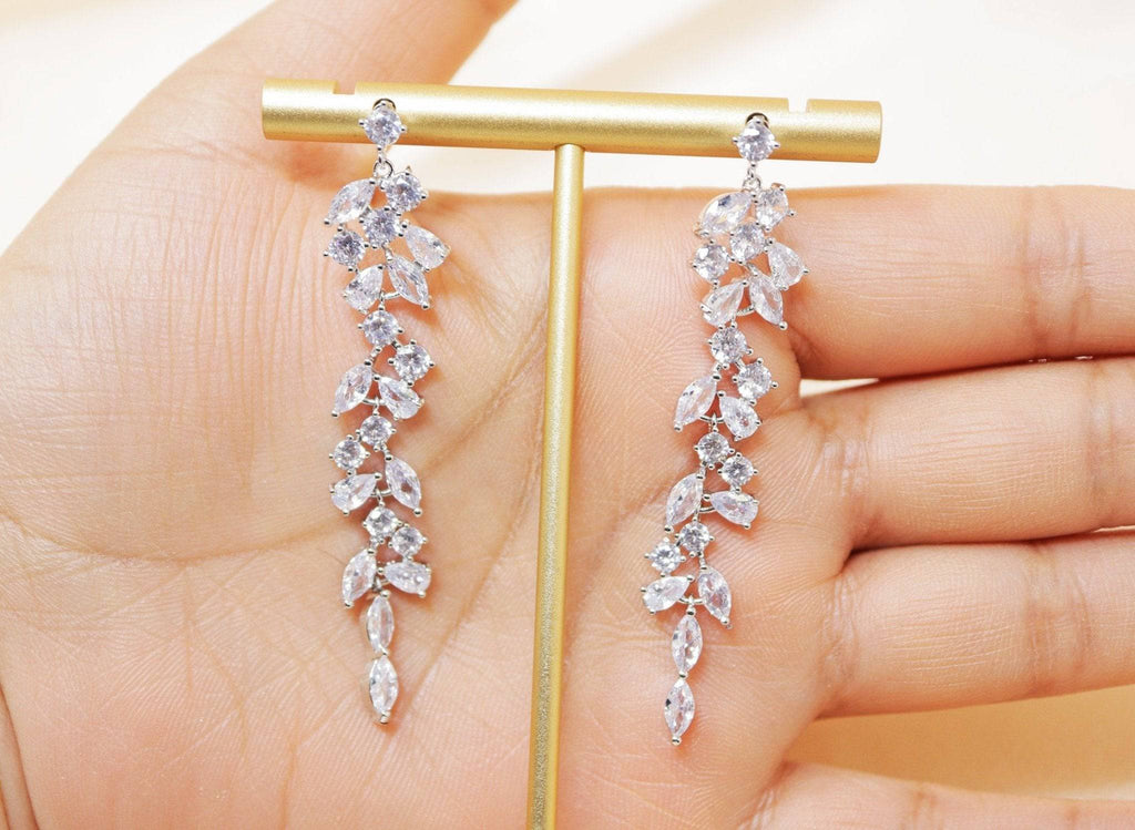 Cubic Zirconia Leaves Crystal/Diamond Earrings, Long Bridal Jewelry, Bridal Earrings, Crystal Bridal Earrings, Statement Earrings Cz