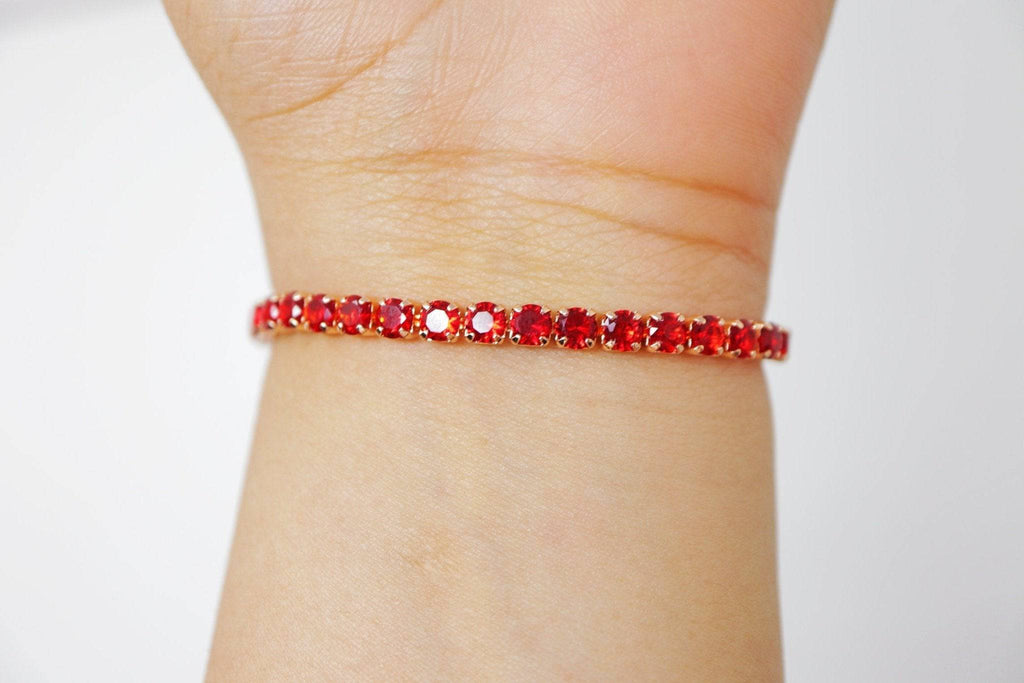 Cubic Zirconia Red Diamond Crystal Bracelet, Diamond Bracelet, Bridal Jewelry, Bridesmaid Gift, Statement Bracelet.