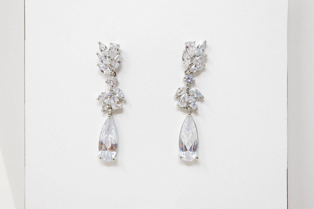 Cuboc Zirconia Leaf Drop Crystal/Diamond Earrings, Long Bridal Jewelry, Bridal Earrings, Crystal Bridal Earrings, Statement Earrings Cz