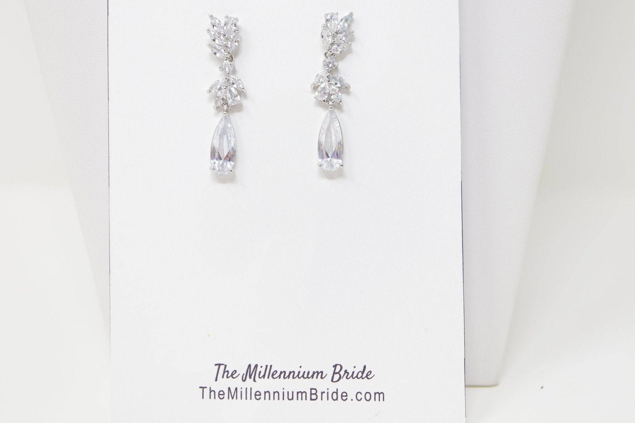 Cuboc Zirconia Leaf Drop Crystal/Diamond Earrings, Long Bridal Jewelry, Bridal Earrings, Crystal Bridal Earrings, Statement Earrings Cz