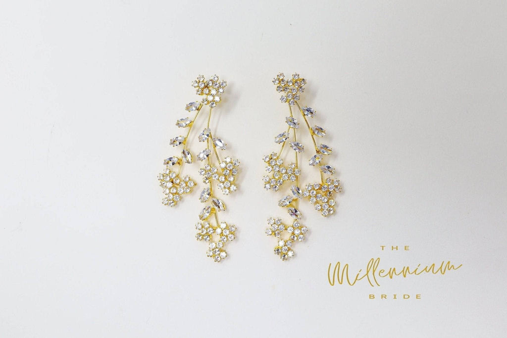 CZ Floral Three Vine Leaves Diamond Earrings, Long Bridal Earrings, Crystal Bridal Earrings, Statement Earrings, Gold Bride Earring.