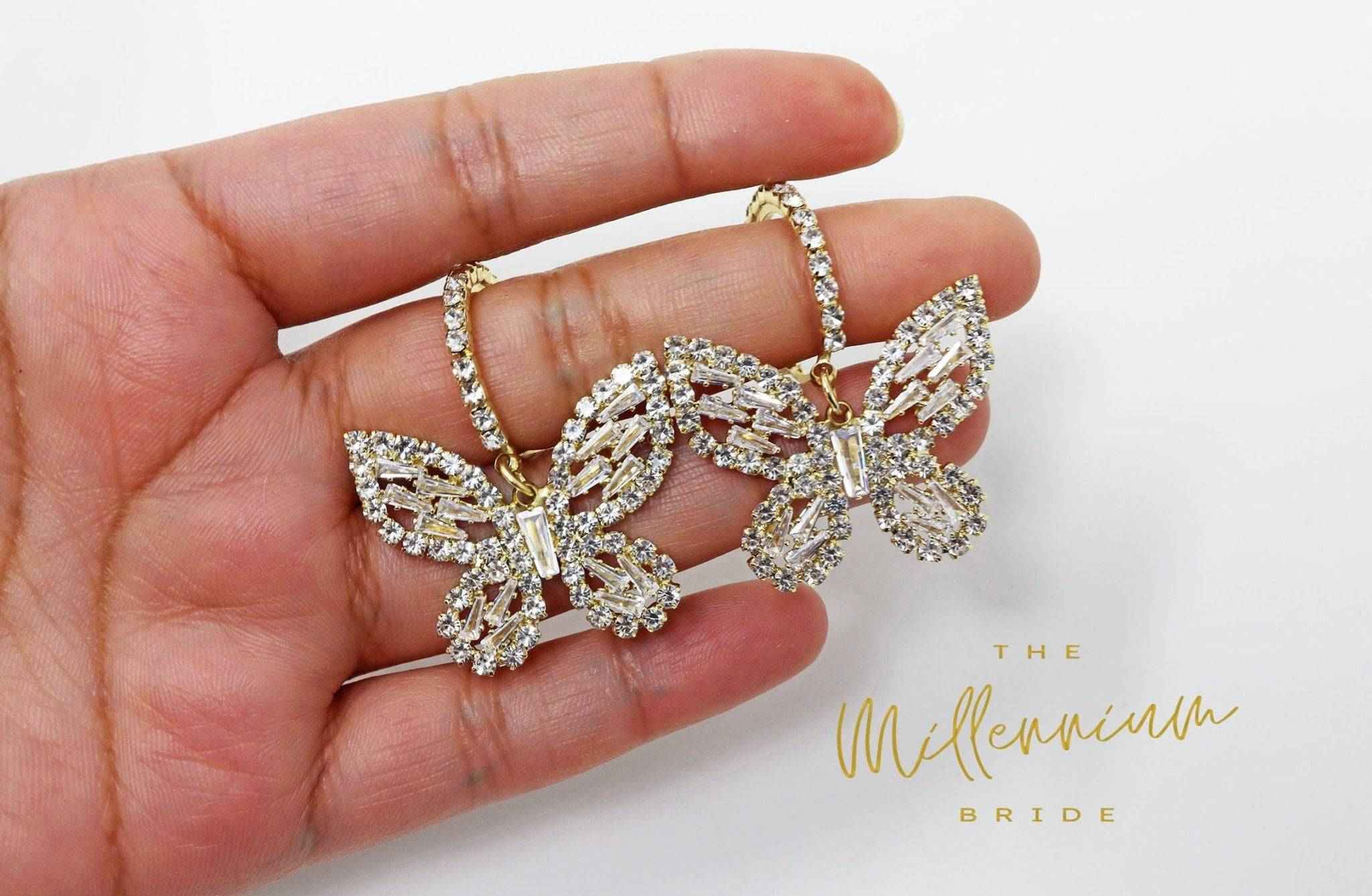 CZ Gold Butterfly Hoop Earrings, Swarovski Crystal Earrings, Statement Earrings, Rhinestones Hoop Earrings.