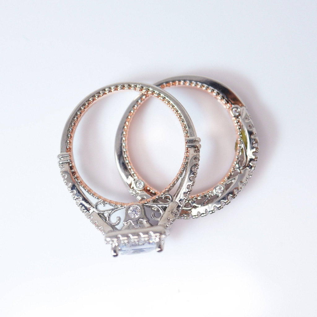 CZ Moonlight On A Bridge Proposal Ring, Statement Ring, Engagement Ring, Two Ring Set.