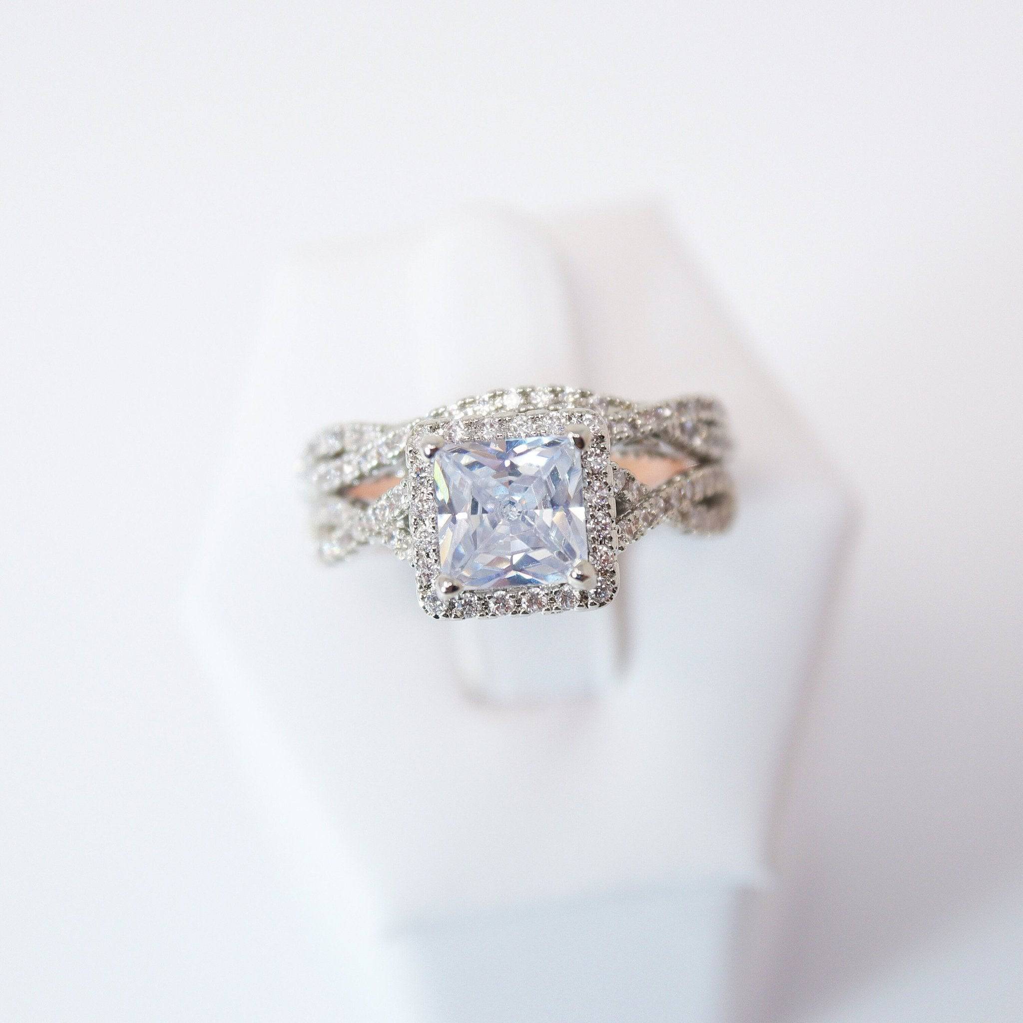 CZ Moonlight On A Bridge Proposal Ring, Statement Ring, Engagement Ring, Two Ring Set.