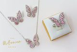 CZ pink Butterfly Necklace,Earrings And Ring Set, Swarovski Crystal Earrings, Statement Earrings, Rhinestones Hoop Earrings.