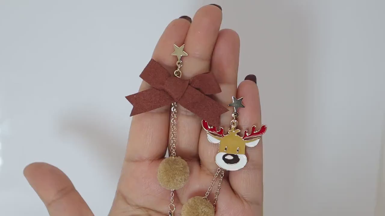 Catching Stars With Reindeer Christmas Themed Beige earrings, Long Tassel Christmas Earrings Statement Christmas earrings.