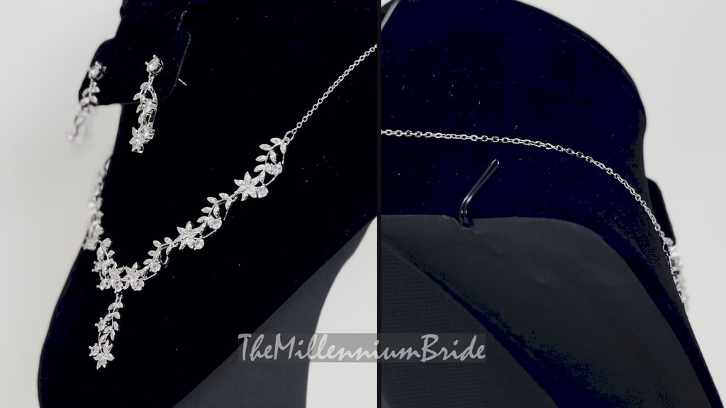 Swarovski Dancing Floral Vine Leaves Necklace, Long Bridal Jewelry, Bridal Earrings And Necklace, Statement Earrings Cz Necklace Set.