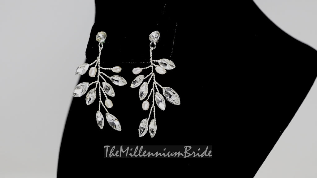 Freshwater pearls Swarovski Crystal vine leaves earrings, Long Bridal Jewelry, Bridal Earrings, Crystal Bridal Earrings, Statement earrings