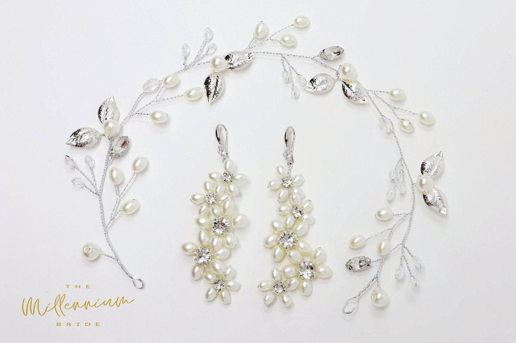 Dainty Vine Leaves Crystal Pearl Floral Headband And Earrings Set, Bridal Hair Vine, Delicate Headband, Hair accessories.