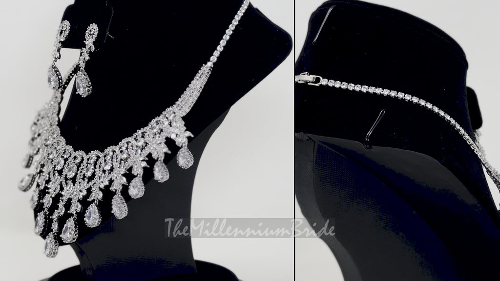 Swarovski Crystal Luxury Flower Drops Diamond/Crystal Necklace, Bridal Necklace Set, Bridal Jewelry, Statement Necklace