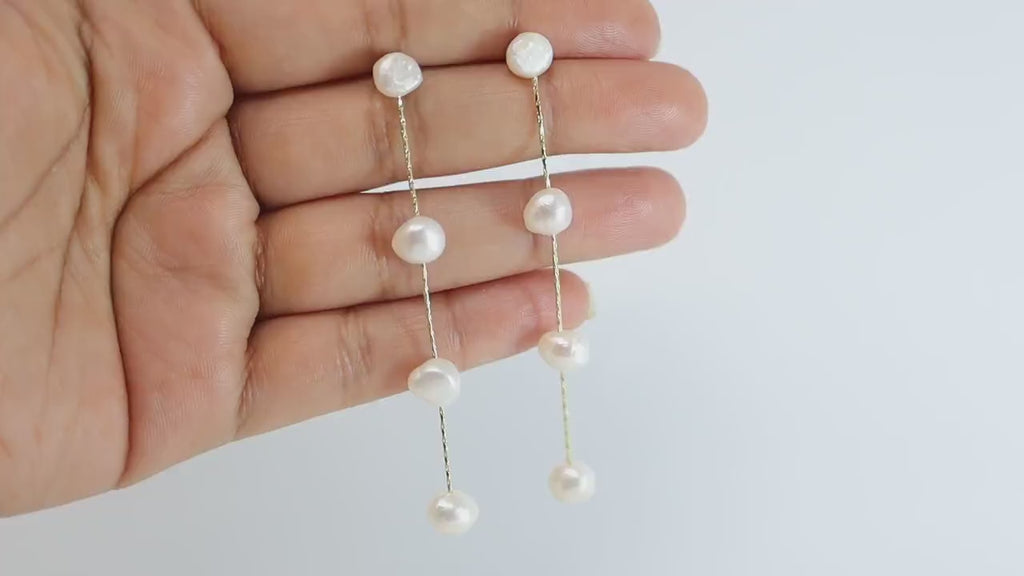 4 Freshwater Cultured pearl Bezel Earrings, 14k gold plated Long Bridal Jewelry, Sterling Silver Pearl Bridal Earrings, Statement Earrings.