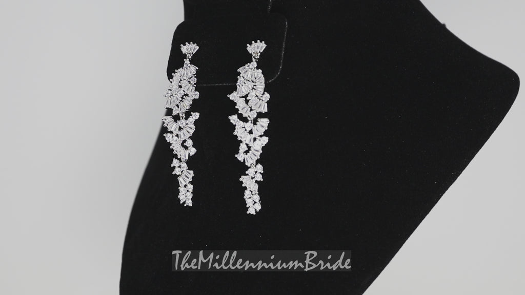 Cubic Zirconia, Flower Long Dangle Crystal, Diamond Earrings, Long Bridal Jewelry set , Bridal Earrings, Bridal Earrings, Statement Earrings