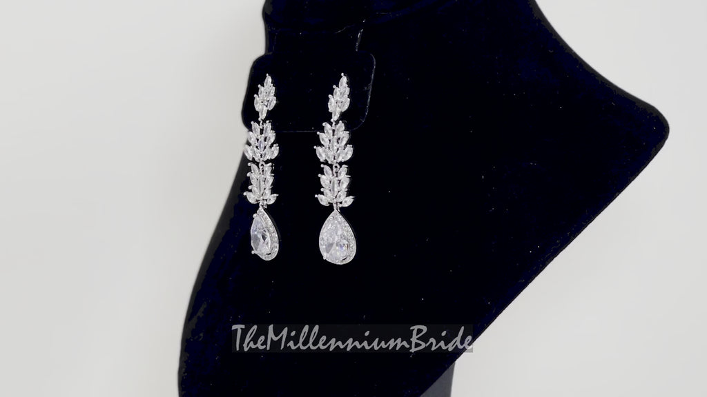 Leaf Drop, Long Dangle Crystal, Diamond Earrings, Long Bridal Jewelry, Crystal Bridal Earrings, Statement Earrings Cz