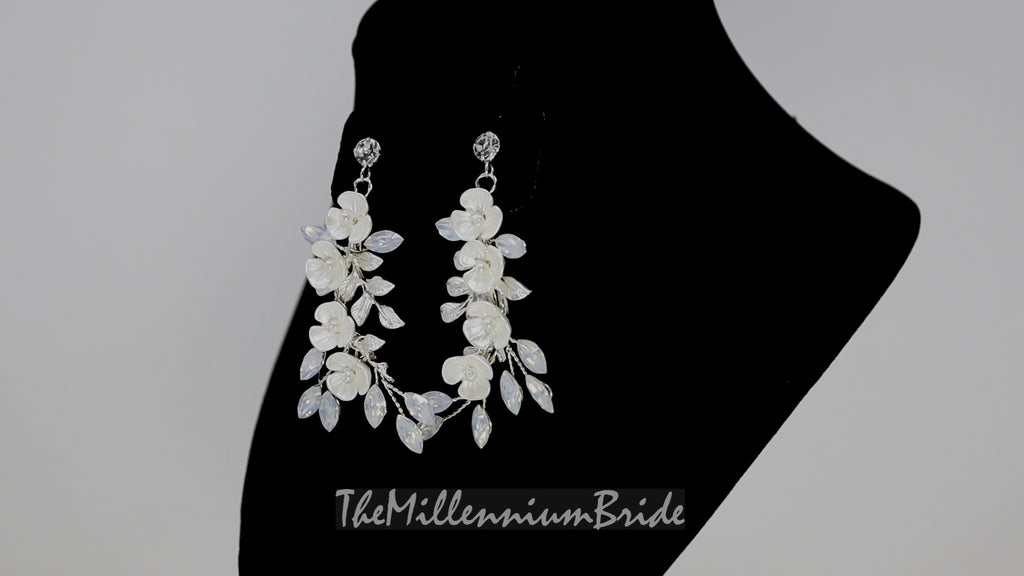 Swarovski Opal Ceramic White Flower Drop Crystal, Long Bridal Jewelry Crystal Bridal Earrings Statement Earrings