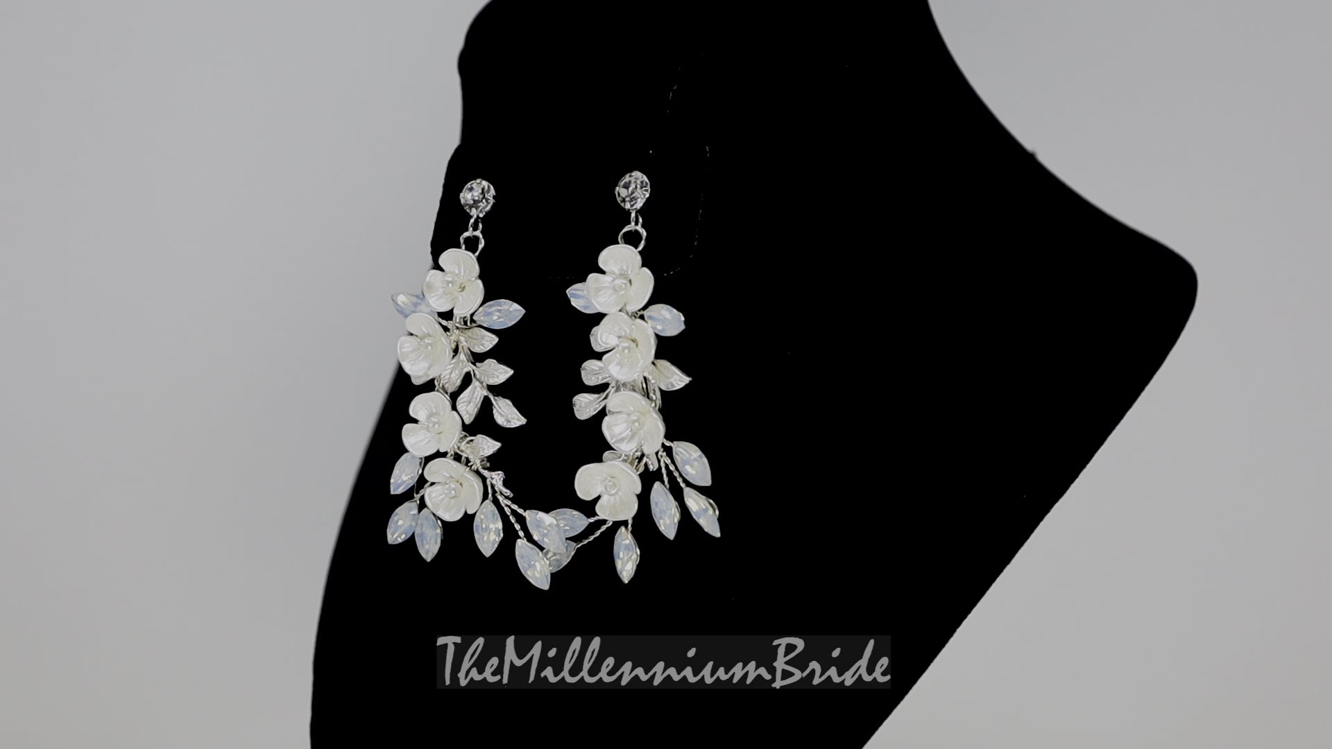 Swarovski Opal Ceramic White Flower Drop Crystal, Long Bridal Jewelry Crystal Bridal Earrings Statement Earrings