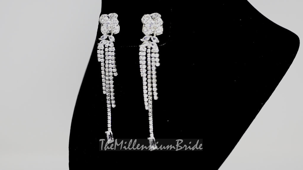 CUBIC ZIRCONIA Floral Tessel Crystal/Diamond earrings Long Bridal Jewelry Bridal Earrings Crystal Bridal Earrings Statement earrings Cz