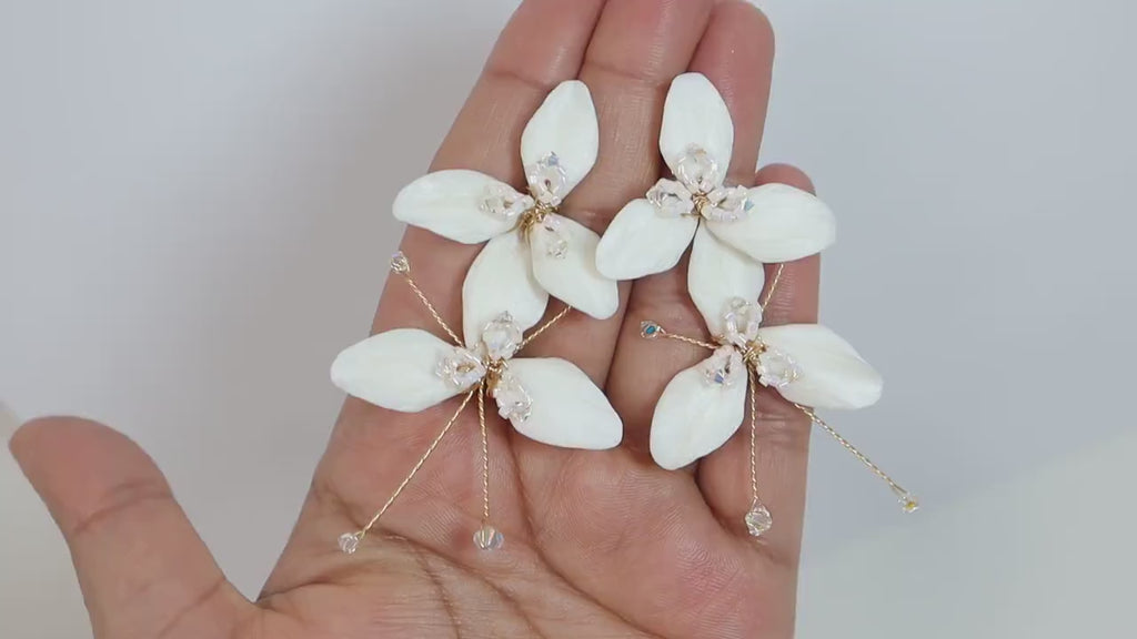 Swarovski Crystal Two White Flower Long Earrings, Long Bridal Jewelry, 925 Sterling Silver, Statement Earrings Cz