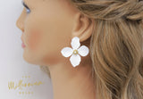 Four Petal Long White Flower Pearl Earrings, Bridal Jewelry, Bridal Stud Earrings, Bridal Earrings, Statement Earrings, Bridesmaid Earring.
