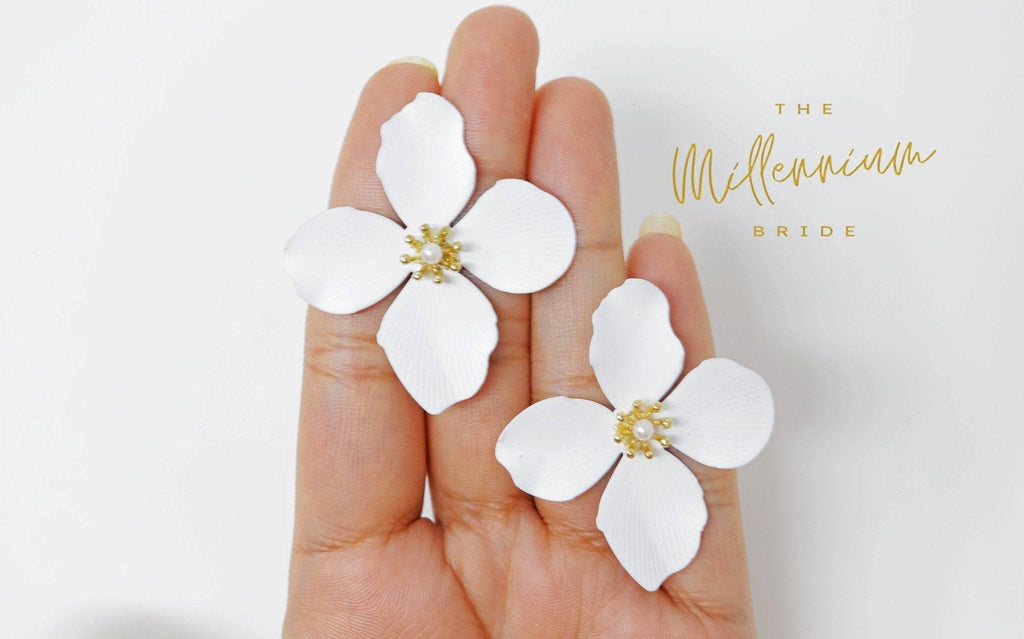 Four Petal Long White Flower Pearl Earrings, Bridal Jewelry, Bridal Stud Earrings, Bridal Earrings, Statement Earrings, Bridesmaid Earring.