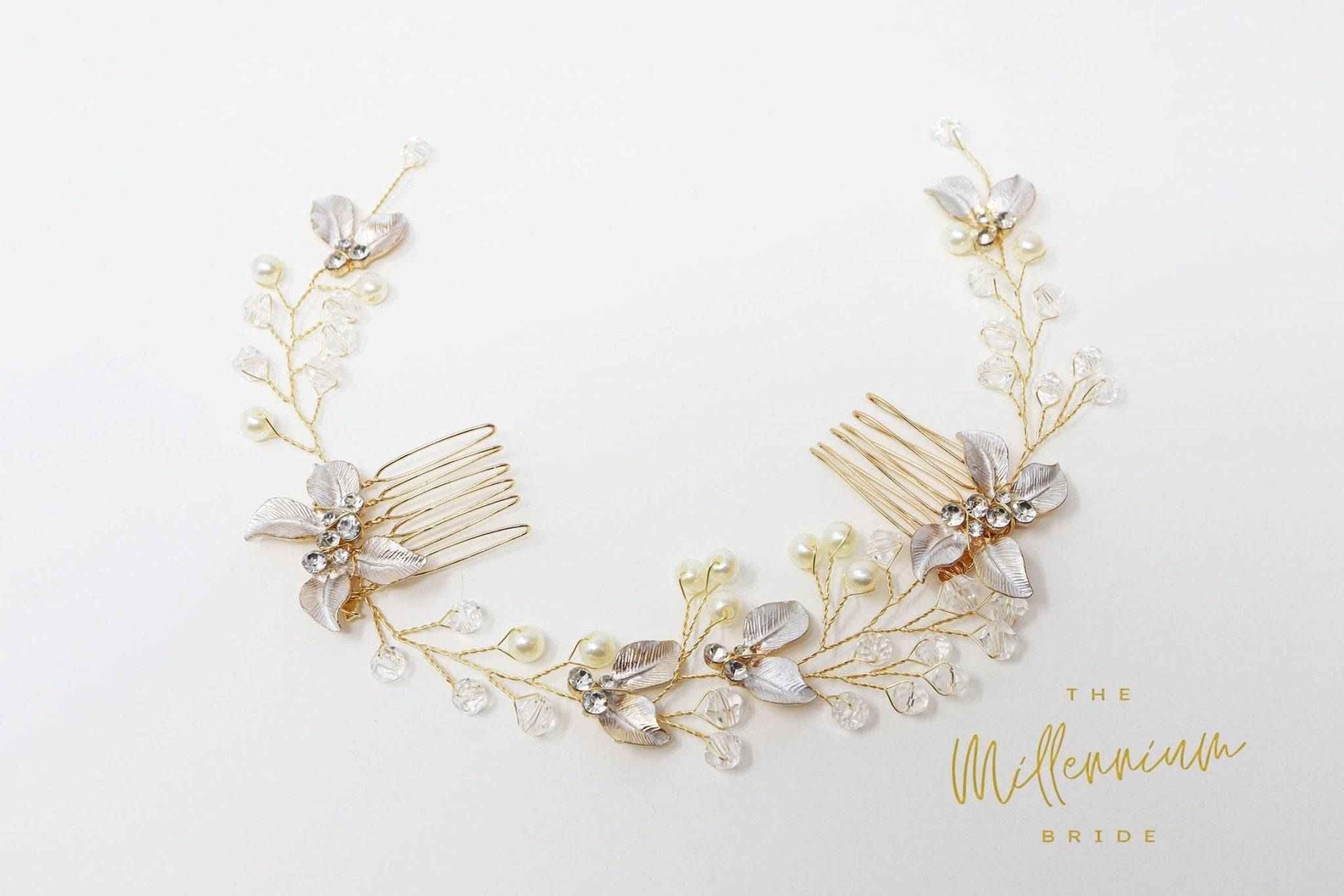 Gold Crystals Leaves Wedding Hair Vine/ Comb, Pearl Bridal Hair Vine, Rhinestone Headband, Delicate Headband, Statement hair accessories.