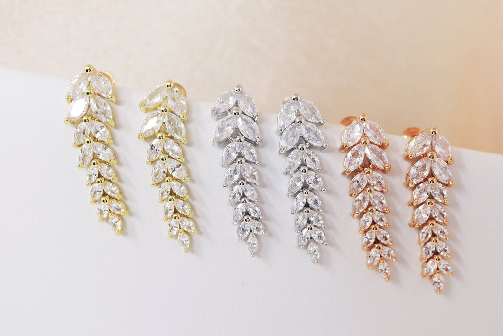 Cubic Zirconia Leaves Crystal/Diamond Earrings, Long Bridal Jewelry, Bridal Earrings, Crystal Bridal Earrings, Statement Earrings Cz
