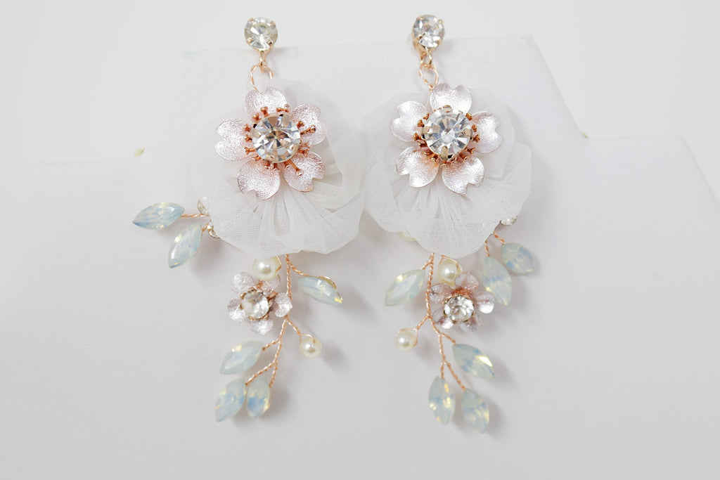Swarovski opal Flower Petals Crystal, Rhinestone Earrings, Long Bridal Jewelry Bridal Earrings Crystal Bridal Earrings Statement Earrings Cz