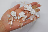 Ceramic White Rose floral Bridal Earring & Hair piece, Bridal Earings, Dangle earring, Faux Pearl Earring