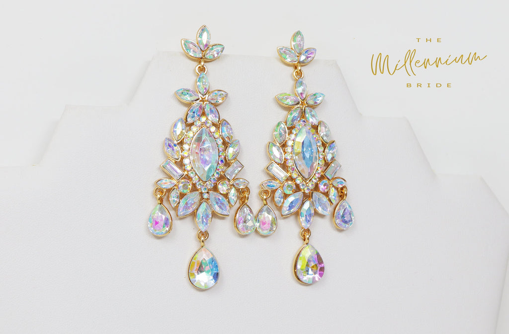 Swarovski AB Crystal Rainbow Bride Earrings, Long Bridal Earrings, Crystal Bridal Earrings, Statement Earrings, Gold Bride Earring.