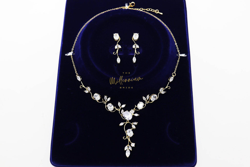 Swarovski Crystal Floral Vine Leaves Necklace, Long Bridal Jewelry, Bridal Earrings And Necklace, Statement Earrings Cz Necklace Set.