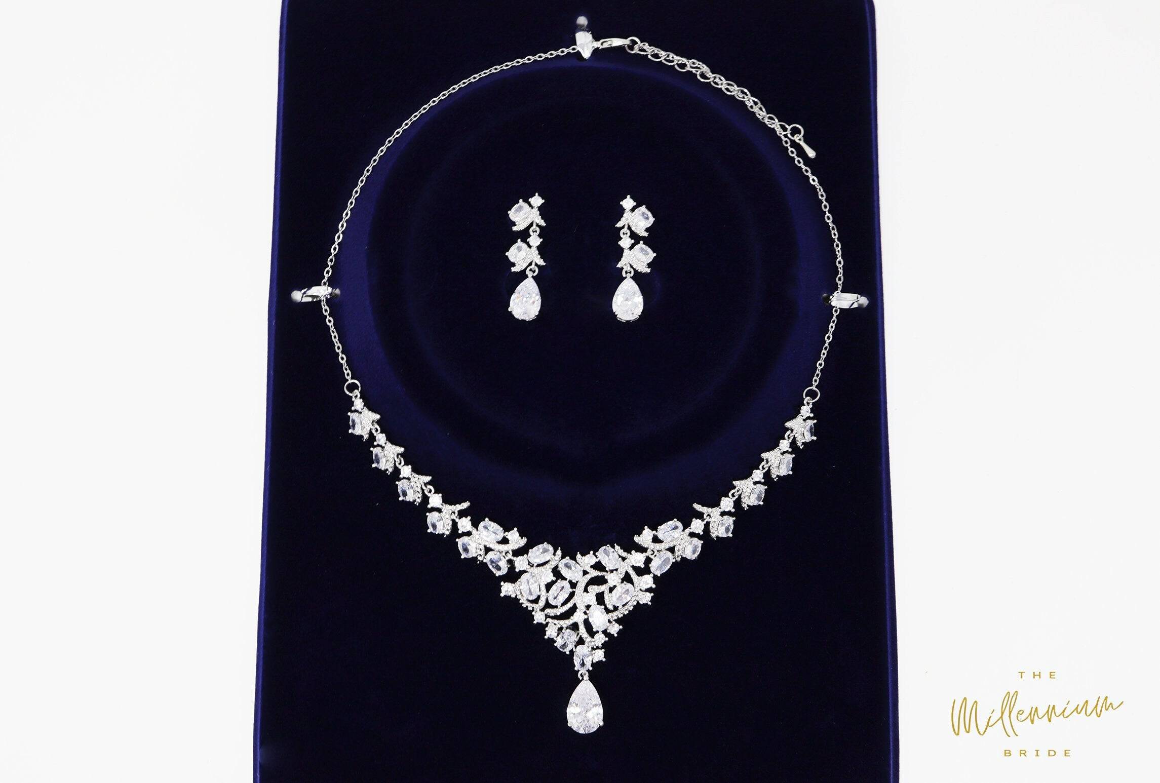 Swarovski Crystal Bridal V Drop Necklace , Long Bridal Jewelry, Bridal Earrings and Necklace, Statement Earrings CZ Necklace Set.
