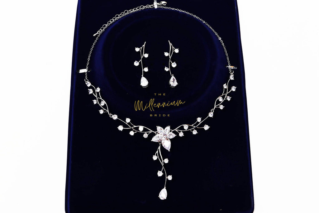 Swarovski Crystal Flower Vine Leaves Necklace, Long Bridal Jewelry, Bridal Earrings And Necklace, Statement Earrings Cz Necklace Set.