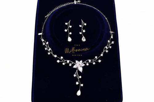 Swarovski Crystal Flower Vine Leaves Necklace, Long Bridal Jewelry, Bridal Earrings And Necklace, Statement Earrings Cz Necklace Set.
