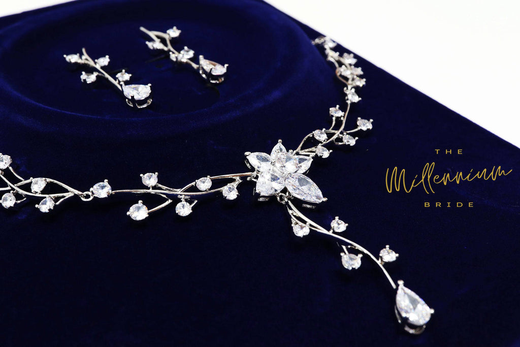 Swarovski Crystal Flower Vine Leaves Necklace, Long Bridal Jewelry, Bridal Earrings And Necklace, Statement Earrings Cz Necklace Set.