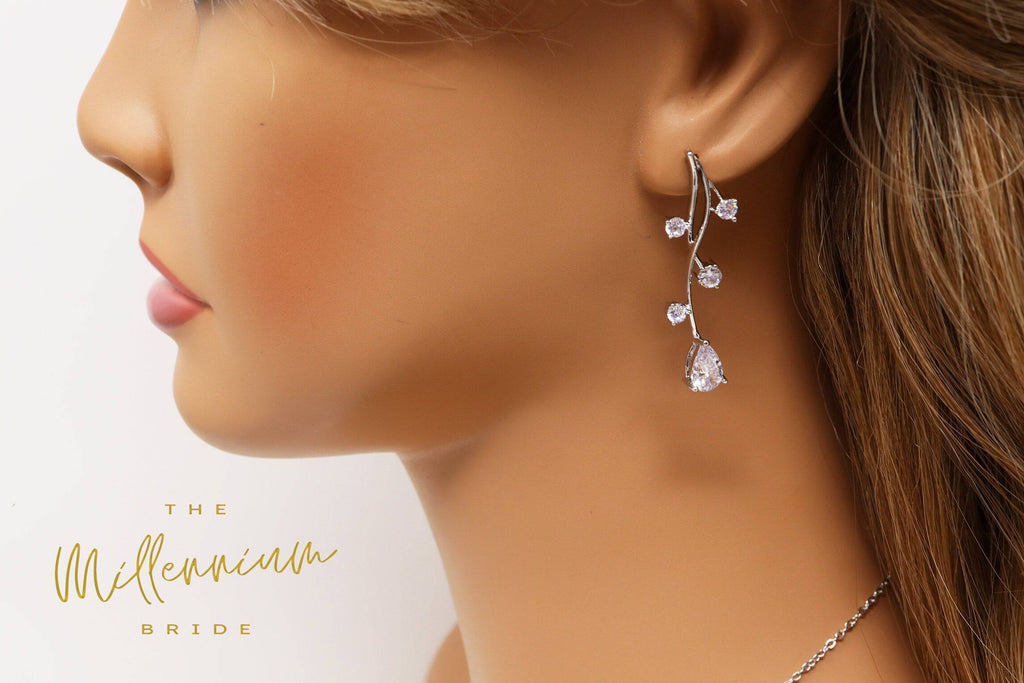 Swarovski Crystal Flower Vine Leaves Necklace, Long Bridal Jewelry, Bridal Earrings And Necklace, Statement Earrings Cz Necklace Set.