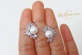 CZ Pearl Leaves Earrings, Bridal Jewelry, Bridal Stud Earrings, Crystal Bridal Earrings, Statement Earrings Cz