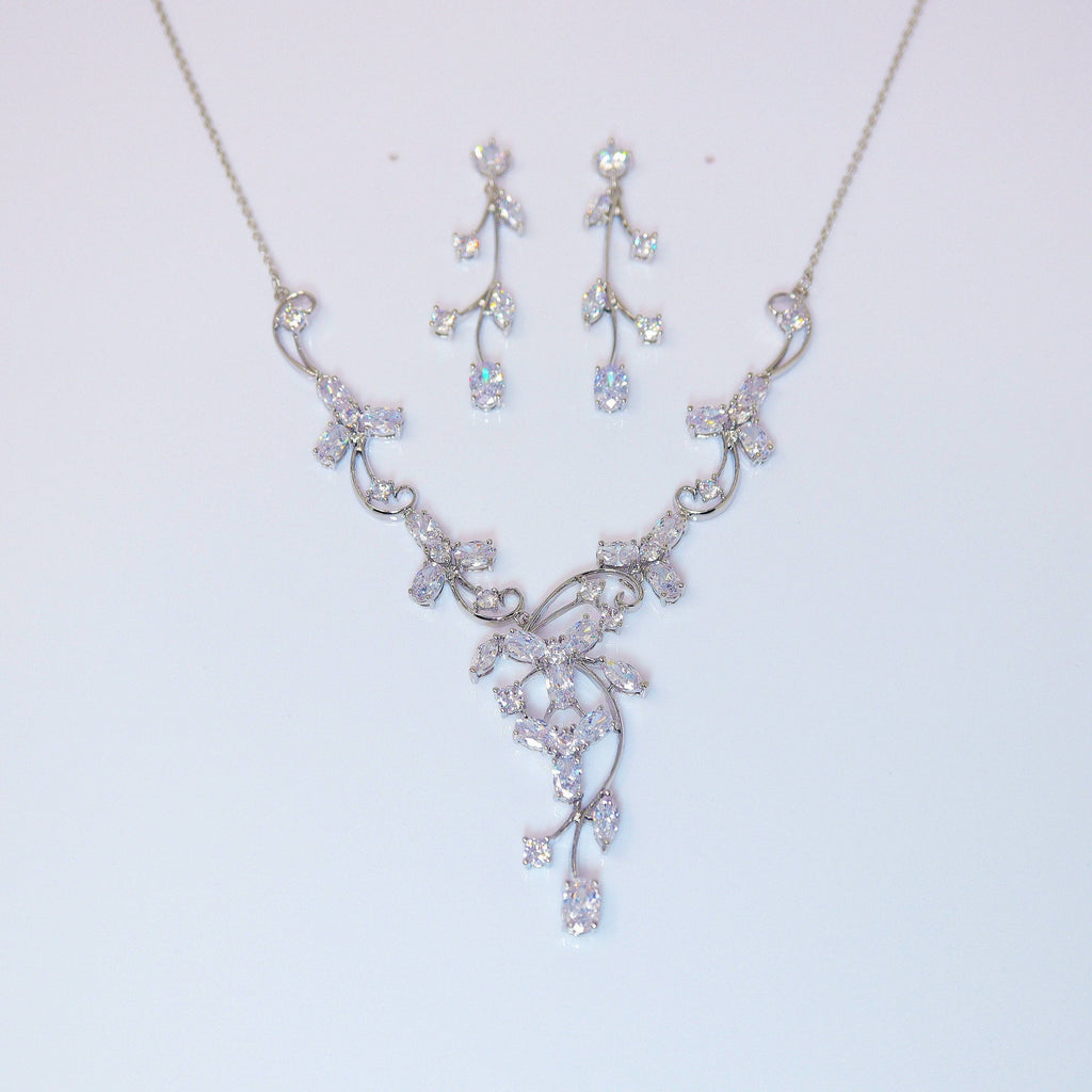 Swarovski Enchanted Vine Leaves Necklace, Long Bridal Jewelry, Bridal Earrings And Necklace, Statement Earrings Cz Necklace Set.