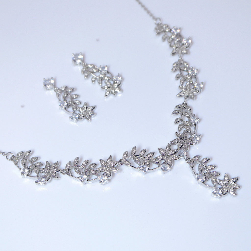 Swarovski Dancing Floral Vine Leaves Necklace, Long Bridal Jewelry, Bridal Earrings And Necklace, Statement Earrings Cz Necklace Set.