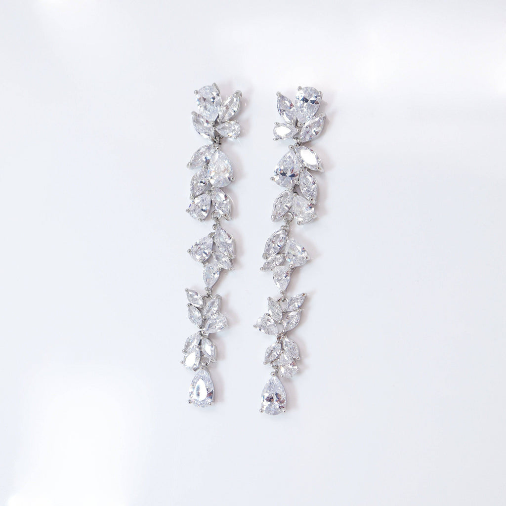 Flower Dangle Crystal/Diamond Earrings, Long Bridal Jewelry, Bridal Earrings, Crystal Bridal Earrings, Statement Earrings Cz