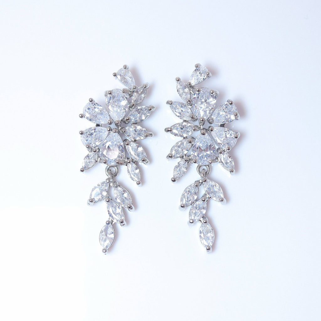 Swarovski Crystal Flower Leaves Earrings, Bridal Jewelry, Bridal Earrings, Crystal Bridal Earrings, Statement Earrings Cz