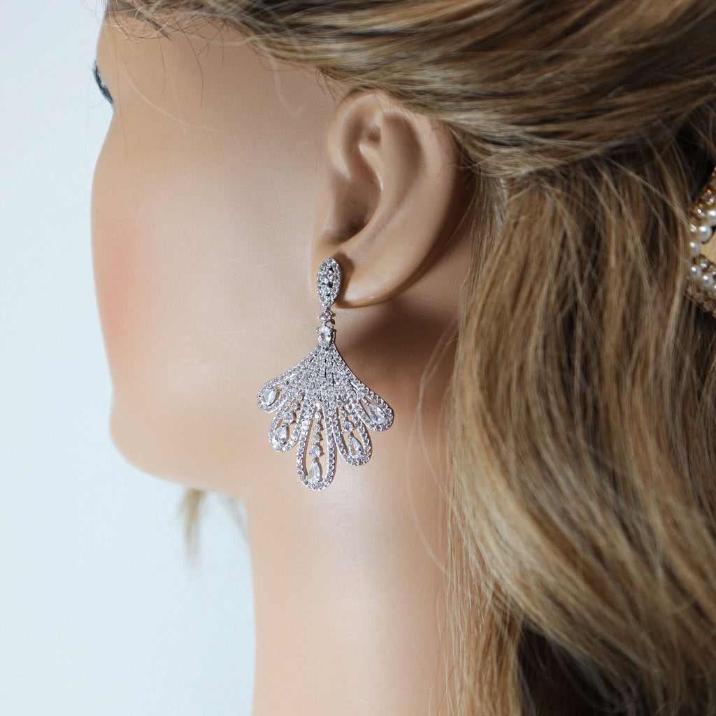 Swarovski Crystal Leaves Drops Peacock Earrings, Bridal Jewelry, Bridal Earrings, Crystal Bridal Earrings, Statement Earrings Cz