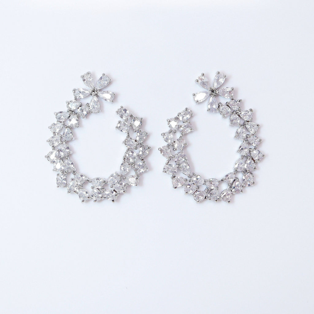 Swarovski Crystal Flower Circle Drops stud Earrings, Bridal Stud Earrings, Crystal Bridal Earrings, Statement Earrings Cz