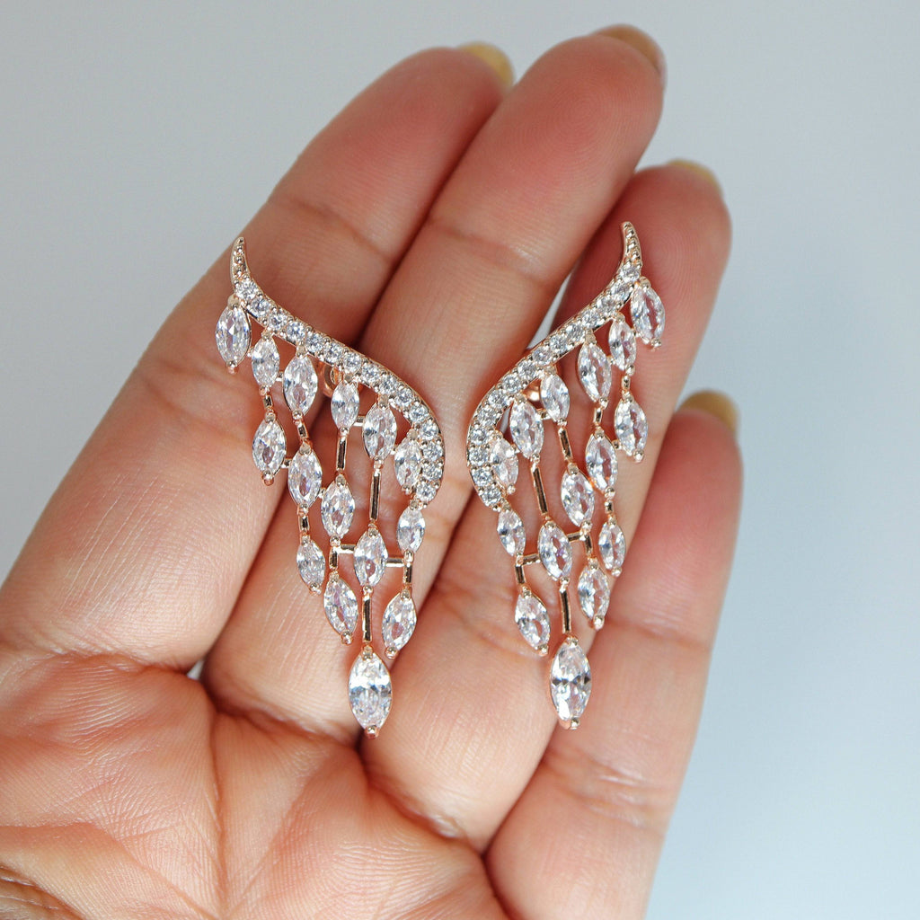 Swarovski Crystal Bride Wings Long stud Earrings, Bridal Stud Earrings, Crystal Bridal Earrings, Statement Earrings Cz