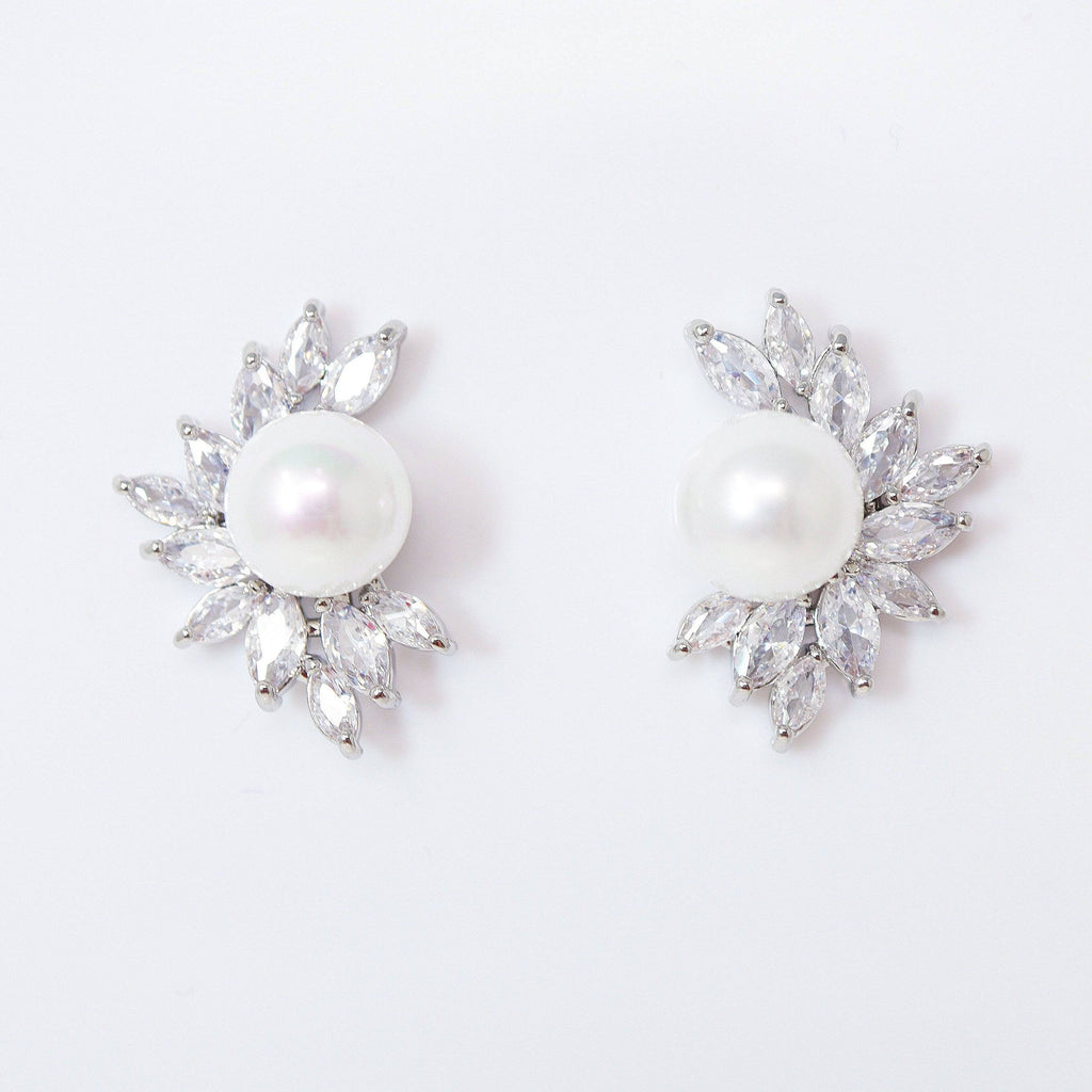 CZ Pearl Leaves Earrings, Bridal Jewelry, Bridal Stud Earrings, Crystal Bridal Earrings, Statement Earrings Cz